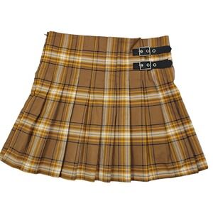 No Boundaries Juniors Size M (7-9) Pleated Mini Skirt Buckles Tierra Brown Plaid